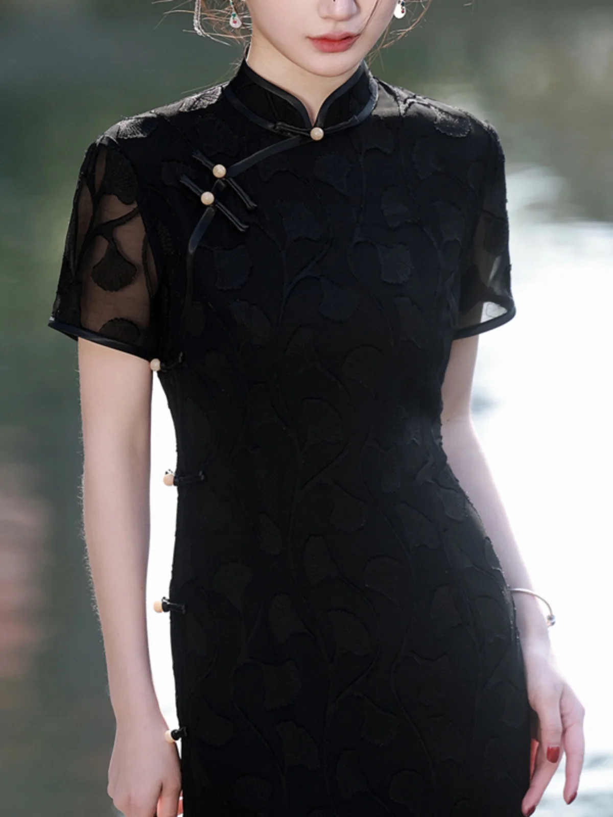 

Ele Bla Dr Vintage Chinese Sle Slimming Long Skirt Breathable Daily Wear ort Sve Full Length Gown