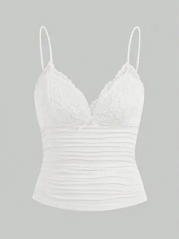 Sexy Contrast Lace Bow Front Crop Cami Top Women 2025 Summer Grunge Punk Y2K Clothes Ruched Skinny Backless Tee Shirt