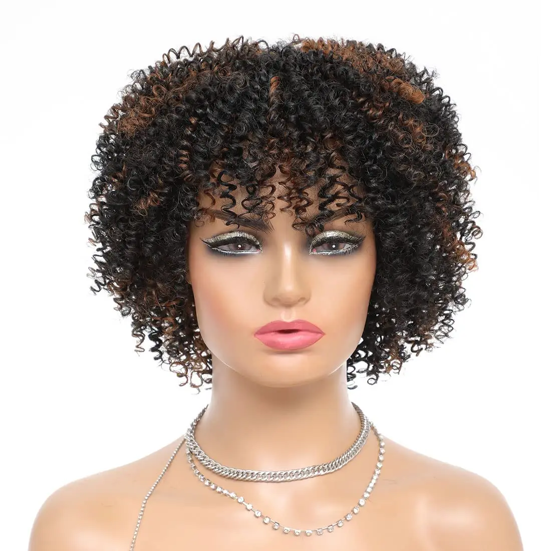 Peruca Curta Curly Afro Sintética com Franja para Mulheres Negras, Perucas Curly Kinky, Sem Cola, Peruca Completa, Resistente ao Calor