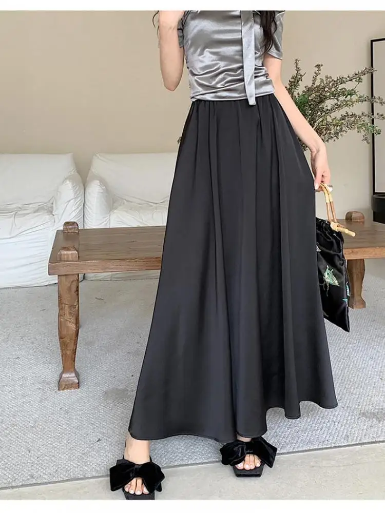 

Spring Summer Women Black Beige Pleated Long Skirts Vintage Brown Elastic High Waist Vacation A-line Skirt Simplicity Streetwear