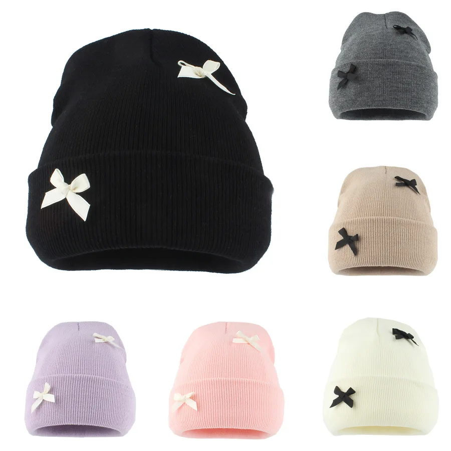 2024 Autumn and Winter New Sweet Bow Knitted Hat Female Cute Macaron Crimped Warm Wool Hat Versatile