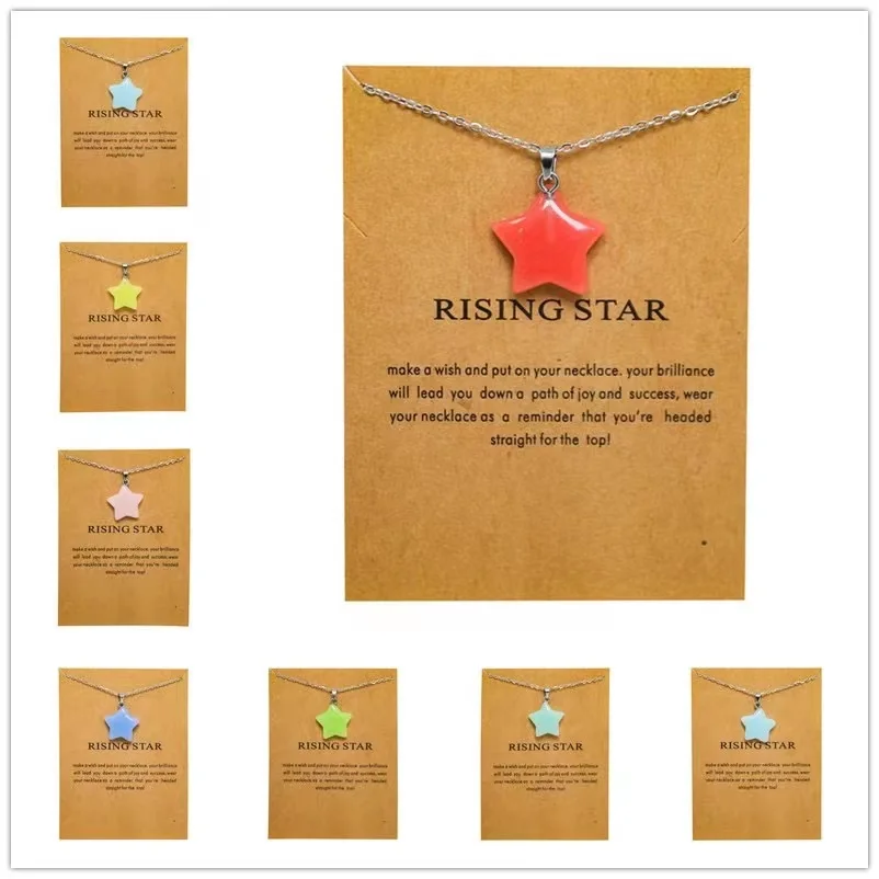 New Multicolor Fluorescent Natural Rein Stone Colorful Star Pendant Luminous Stone Stainless Steel Chain Necklace Gift Jewelry