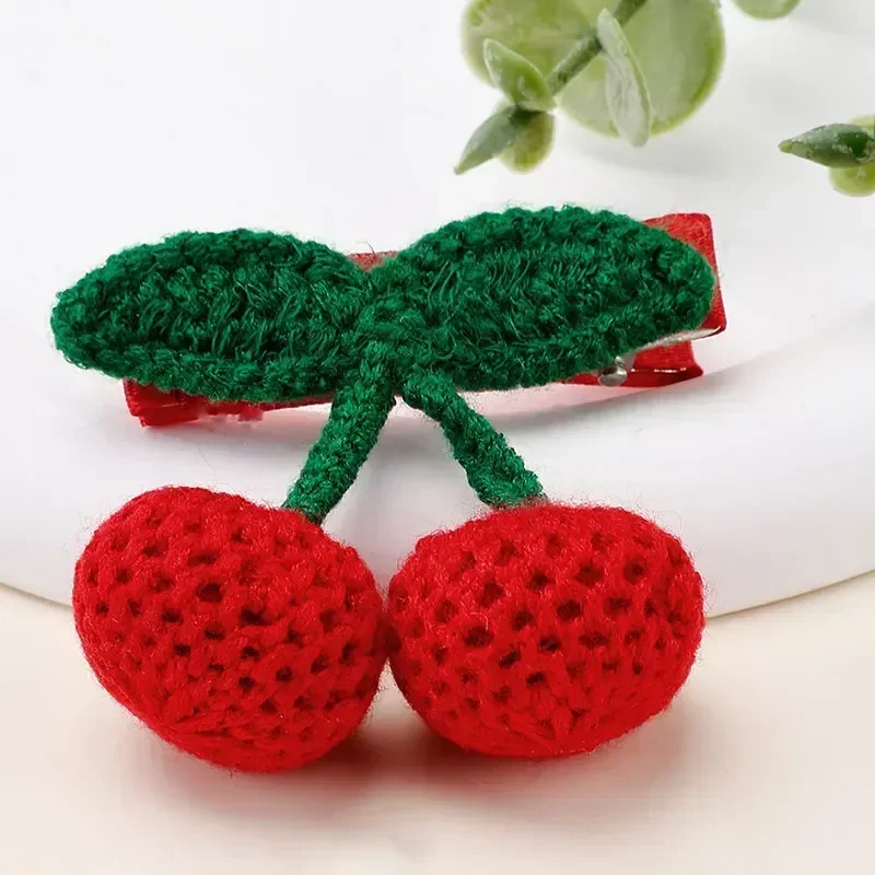 Oaoleer 2Pcs Red Cherry Hair Clip For Baby Girls Cute Knitted Hairpin Barrette Side Clip Child Headwear Fashion Hair Accessories