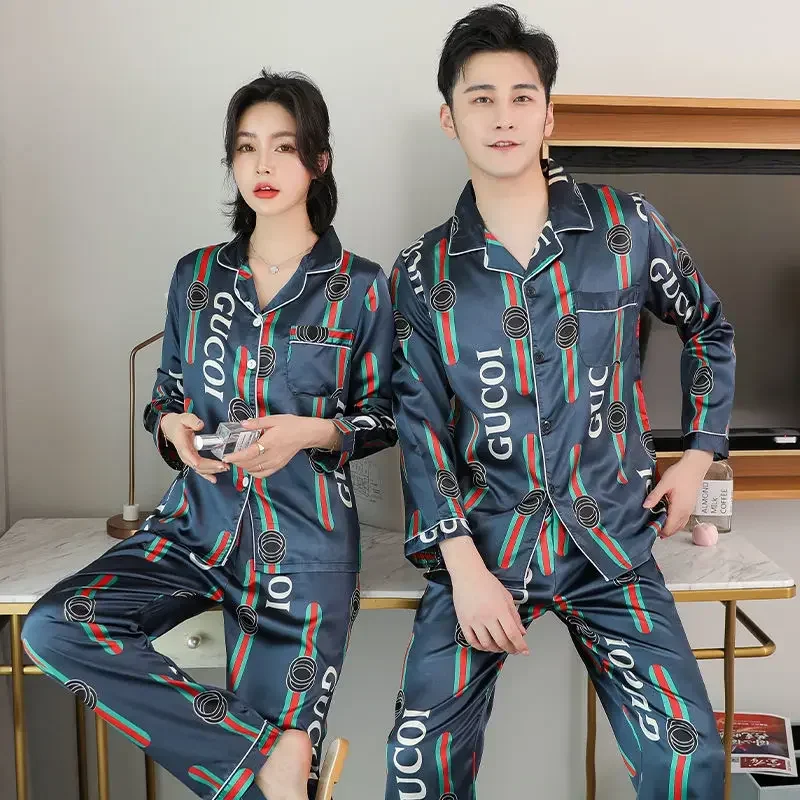 Couple Pajamas Women Spring Autumn Ice Silk Large Size Long Sleeved Sleepwear Thin Style Summer Men Casual Homewear Suit 2024