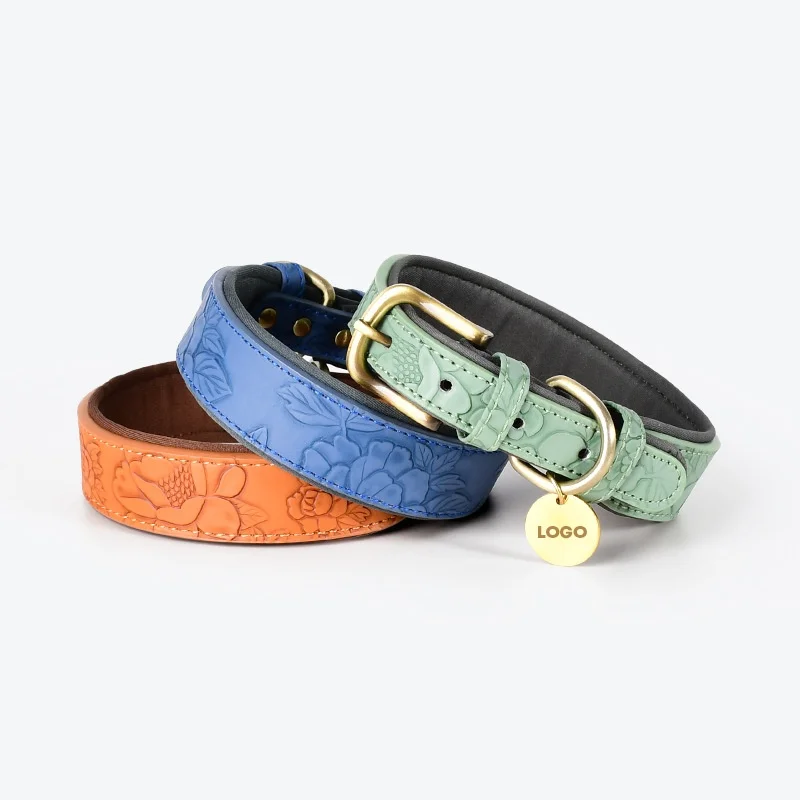 pet leather collar Chinese classical style Relief Stamping dog collar with metal accessories adjustable waterproof pet collar