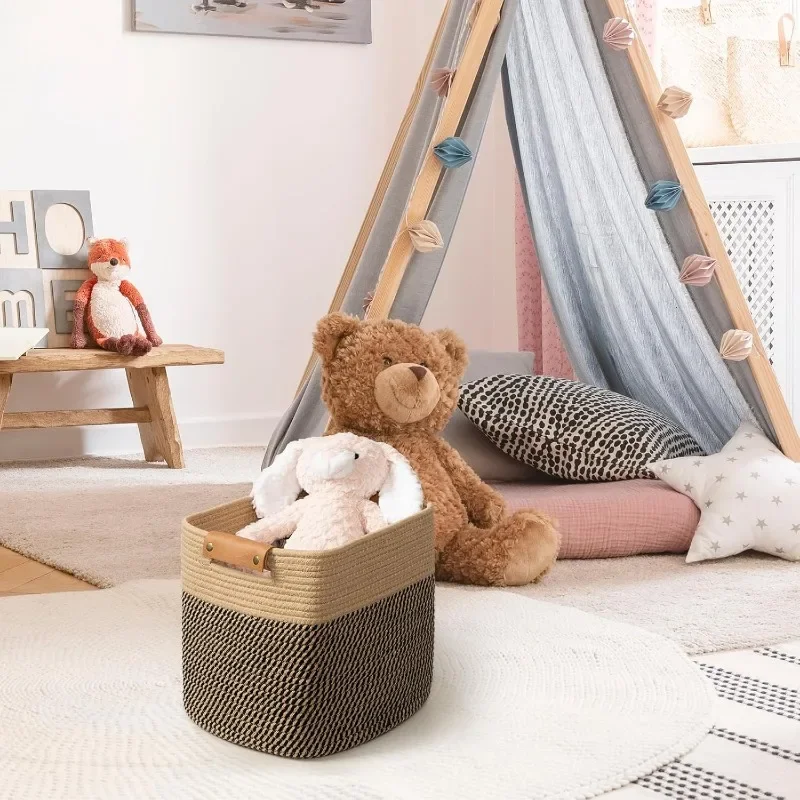 3 عبوات من سلال الحبال القطنية للتخزين، ألعاب مكعبات تخزين مكعبة، 11 بوصة × 11 بوصة، منشفة، وجبة خفيفة، صناديق تخزين مع خياطة معززة