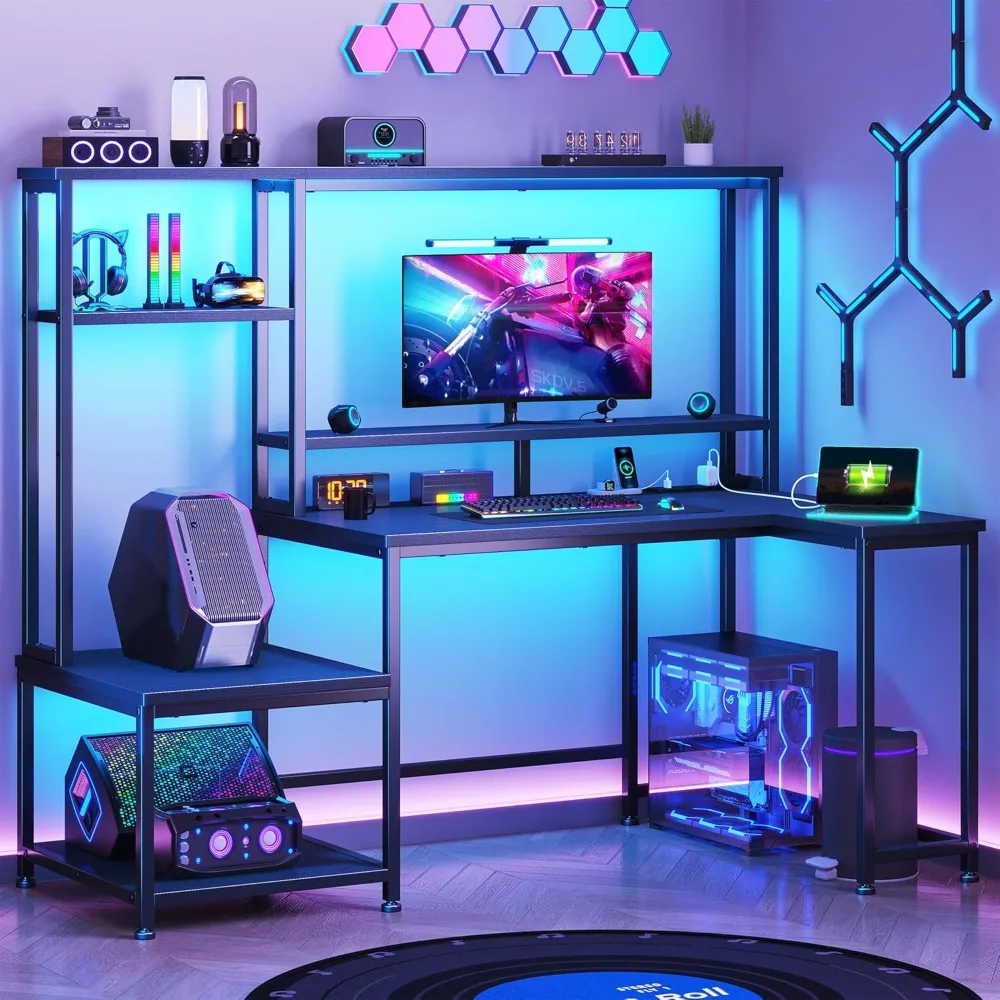 

Gaming Desk with LED Lights & Outlets,55 L Shaped Computer Desk with Shelves & Storage Hutch,Reversible Corner Gaming Table