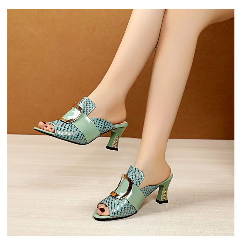 Summer New Water Diamond One Line Drag Square Head Open Toe High Heel Thick Heel Fish Mouth Women\'S Slippers