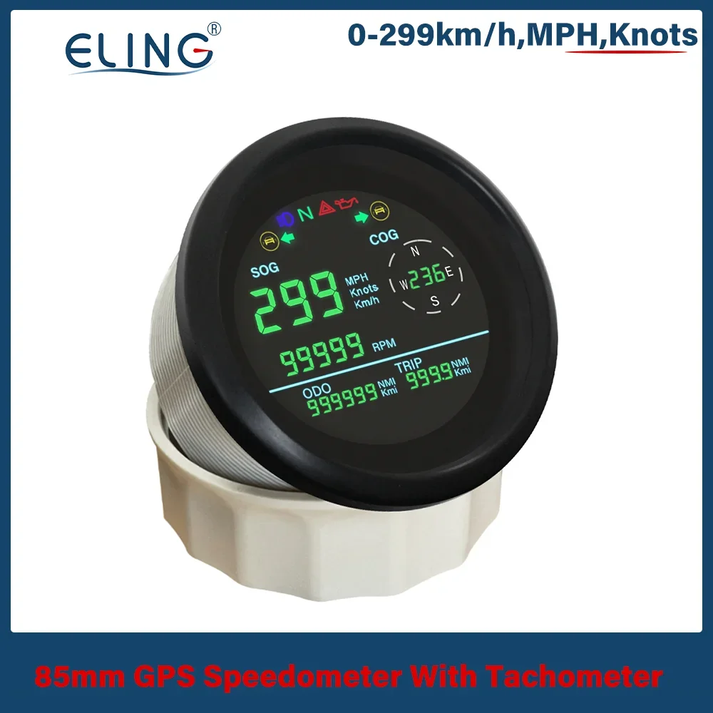 ELING 85mm Multi-function LCD GPS Speedometer 0-299km/h MPH Knots Trip Odometer Direction RPM Tachometer for Car Motorcycle