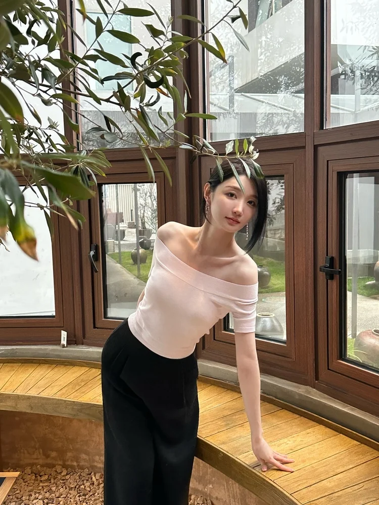 

Original Ultra-Thin High-Elastic One-oulder Ballet Sle Knitted T-irt Women's Sweet Sle ort Sve Pullover Top