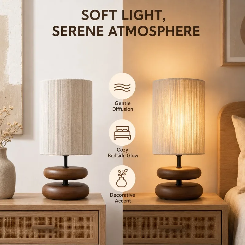 Modern Wabi Sabi Wood Table Lamp Linen Shade Bedside Light for Bedroom Living Room Study Hotel Japanese Style Ambient Lighting