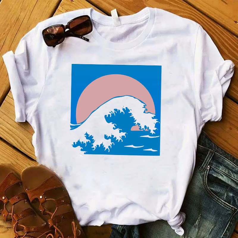 Kobiety T kobiet fala plaża Camper lato Palm Tree drukuj Top Tshirt ładne Camisas Mujer koszulka graficzna damska ładna koszulka