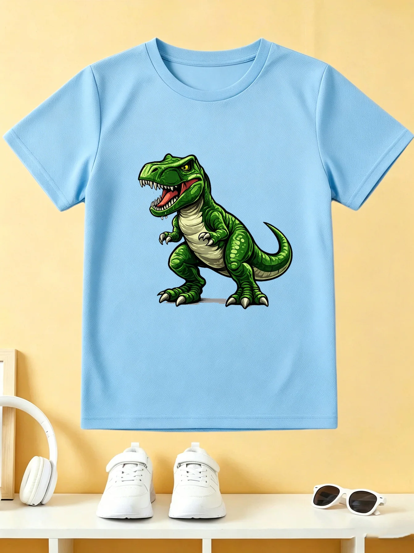 Cartoon Green T Rex Dinosaur Kids Tee Ferocious Prehistoric Animal Graphic Print Boys Girls Family Matching Cotton Short Tshirt