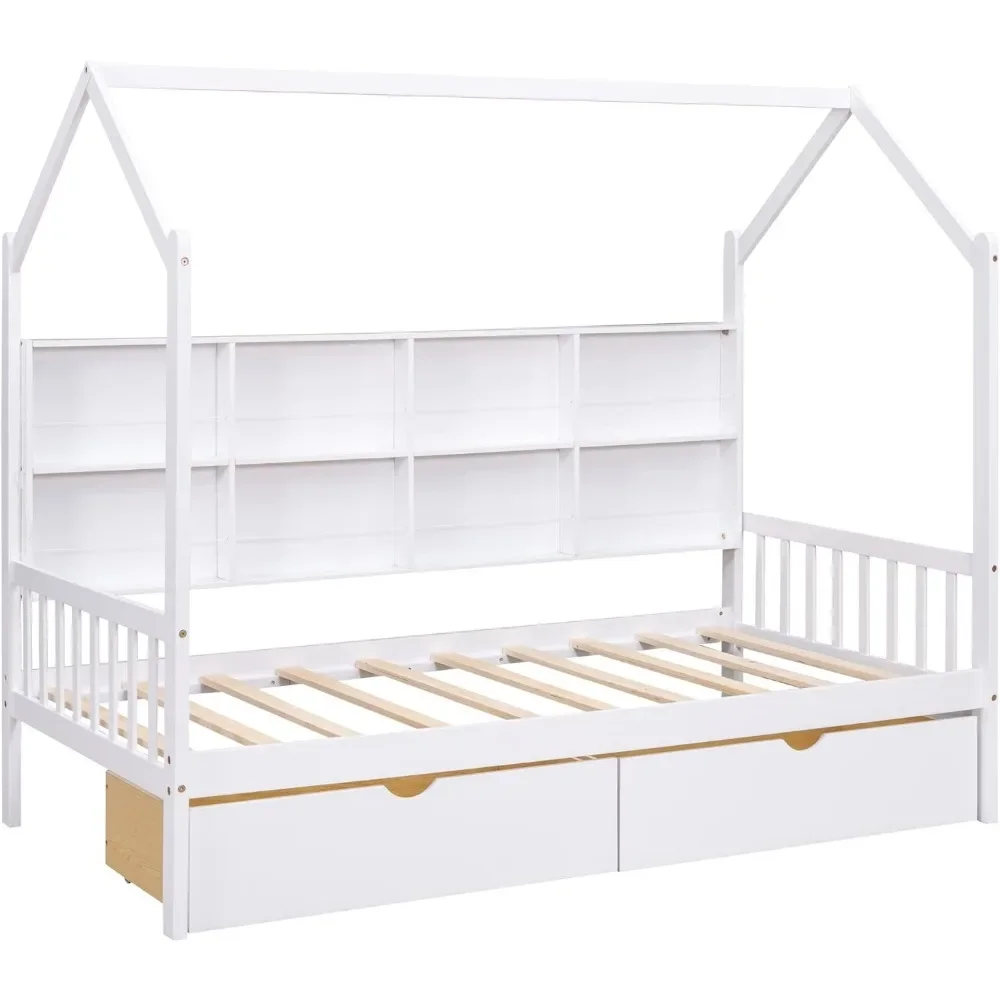 Cama doble para casa, estructura de cama infantil de madera con cajones y estructura para techo de casa, cama doble para niños con estante de almacenamiento y soporte de listones