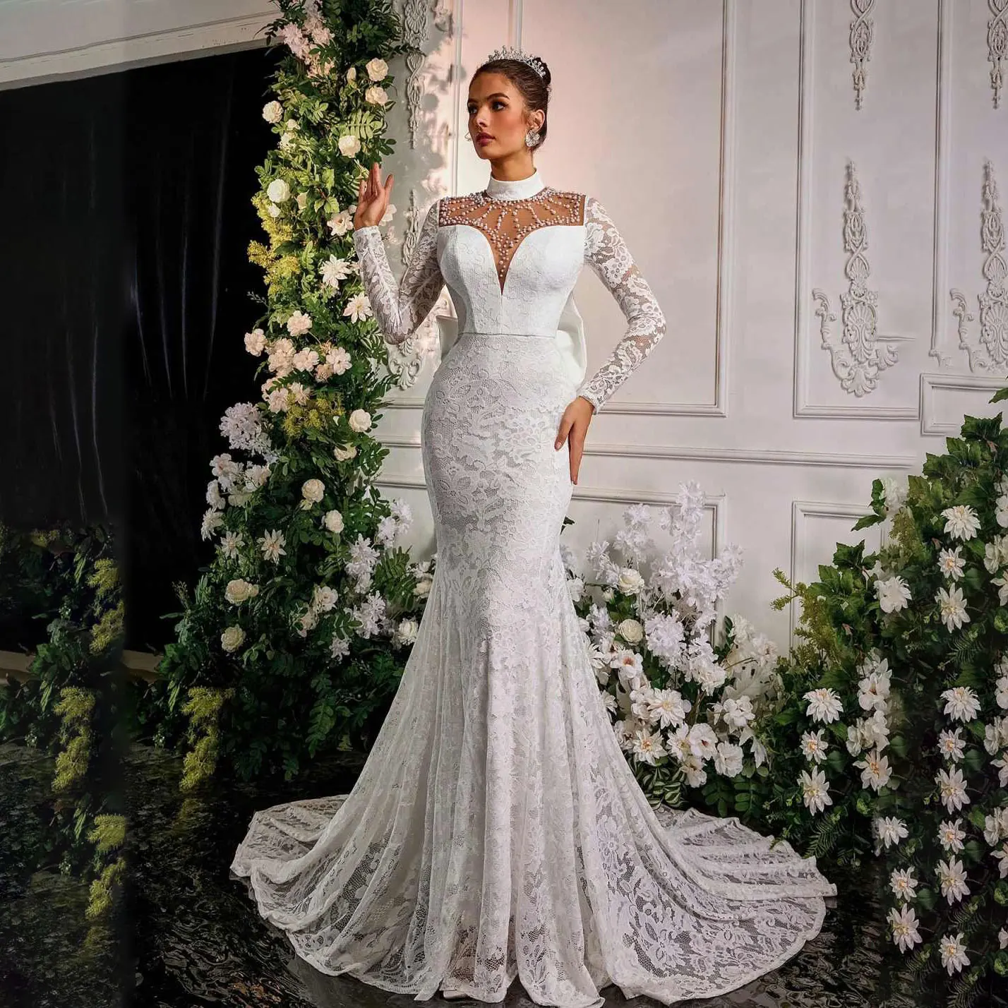 Elegant Mermaid Wedding Dress 3D-Lace Bridal Gowns Shine Pearls Appliques Tulle Long-Sleeve Vestina De Novia Size Customized
