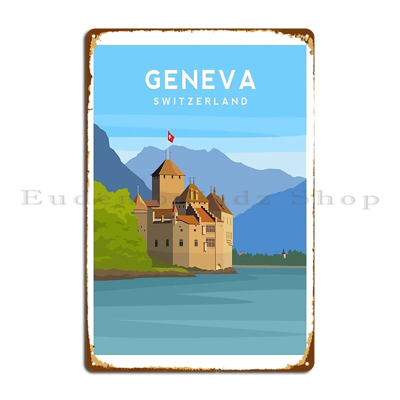 Lake Geneva Switzerland Chillon Castle Metal Sign Retro Printing Bar Cave Pub Customize Tin Sign Poster