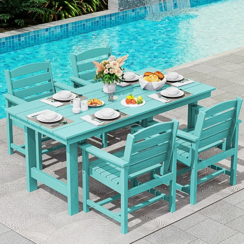 Patio Table Set, 5-Piece Outdoor HDPE Furniture with Umbrella Hole, All Weather Dining Table and Chairs for Lawn, Garden