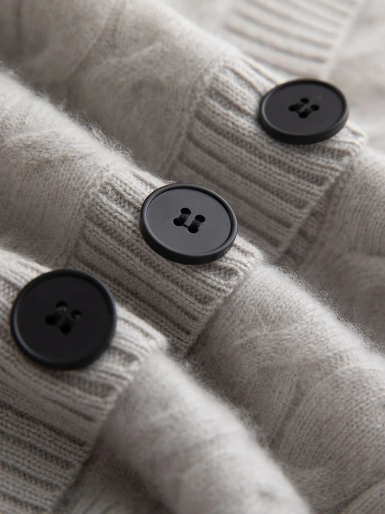 TLOML جديد الخريف الشتاء شيك المرأة 100% الكشمير تريكو كابل متماسكة الخامس الرقبة أزرار جيب سترة لينة الدافئة مريح سترة القمم