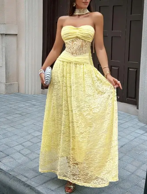 

Women Dresses 2026 Spring New Fashion and Sexy Lace Patchwork Strapless Sleeveless Casual Solid Color Vacation Long Dress