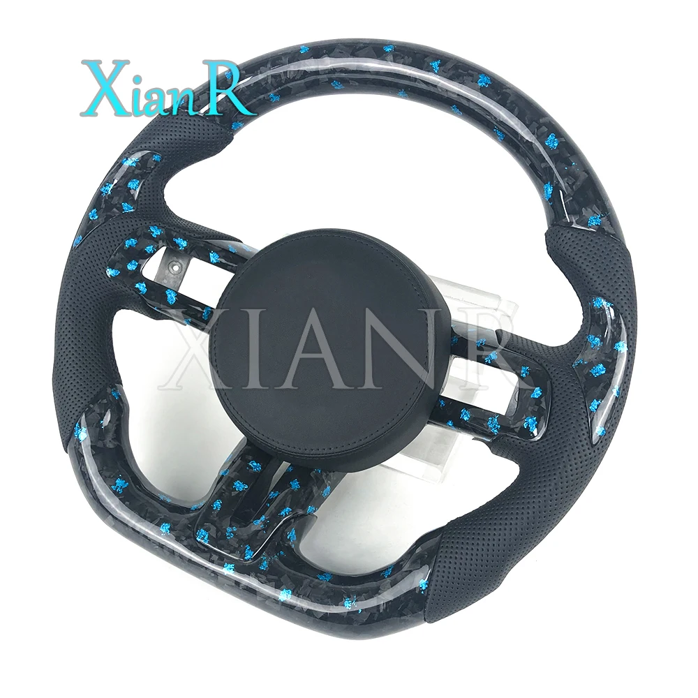 Customized blue forged carbon fiber perforated leather sports style steering wheel for Ford Mustang 2020 2021 car steering wheel