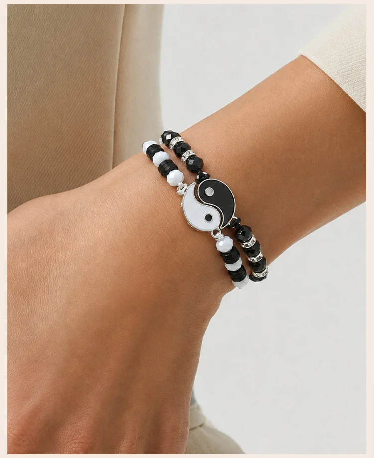 Yin-Yang-Perlenarmband-Set für Paare, Schwarz-Weißes Verstellbares Geflochtenes Seil, Passendes Paar für Ladenauswahl – Detail 2