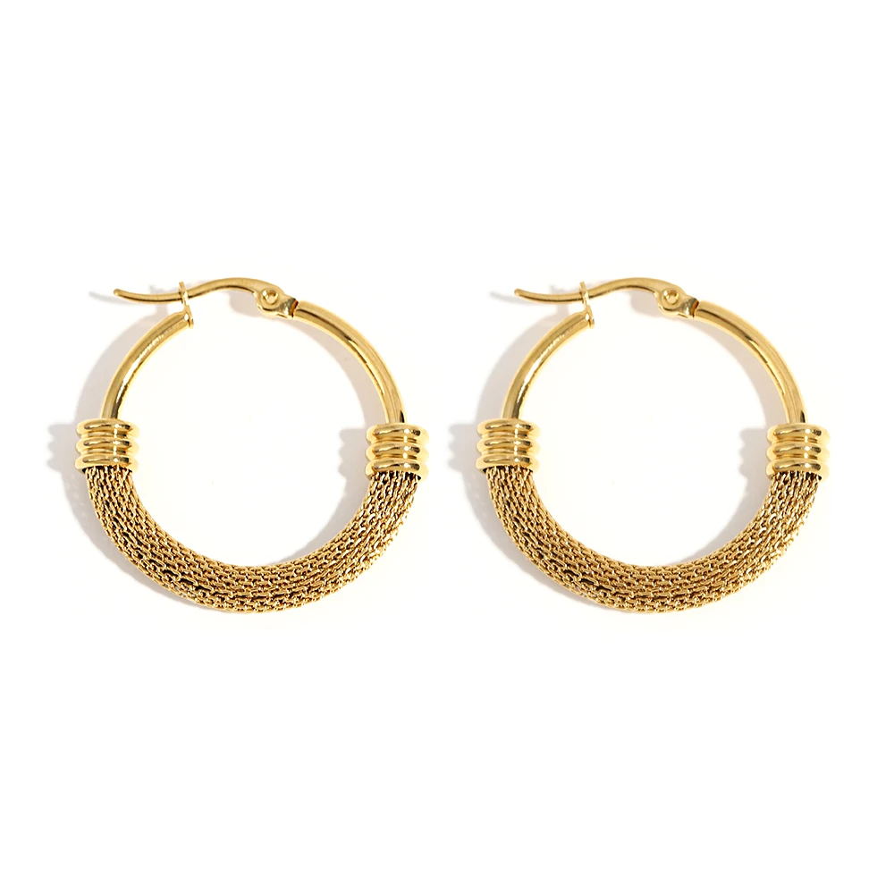 Trendy roestvrijstalen getextureerde metalen ronde hoepel oorbellen voor vrouwen gouden kleur geometrische cirkel oorbellen waterdichte sieraden