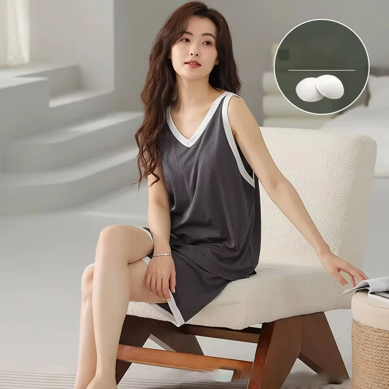 Women Summer Shorts Cool Pyjamas Black Sleeveless Pj Set for Youth V Neck Elastic Waistband Soft Sleepwear with Bra Padded