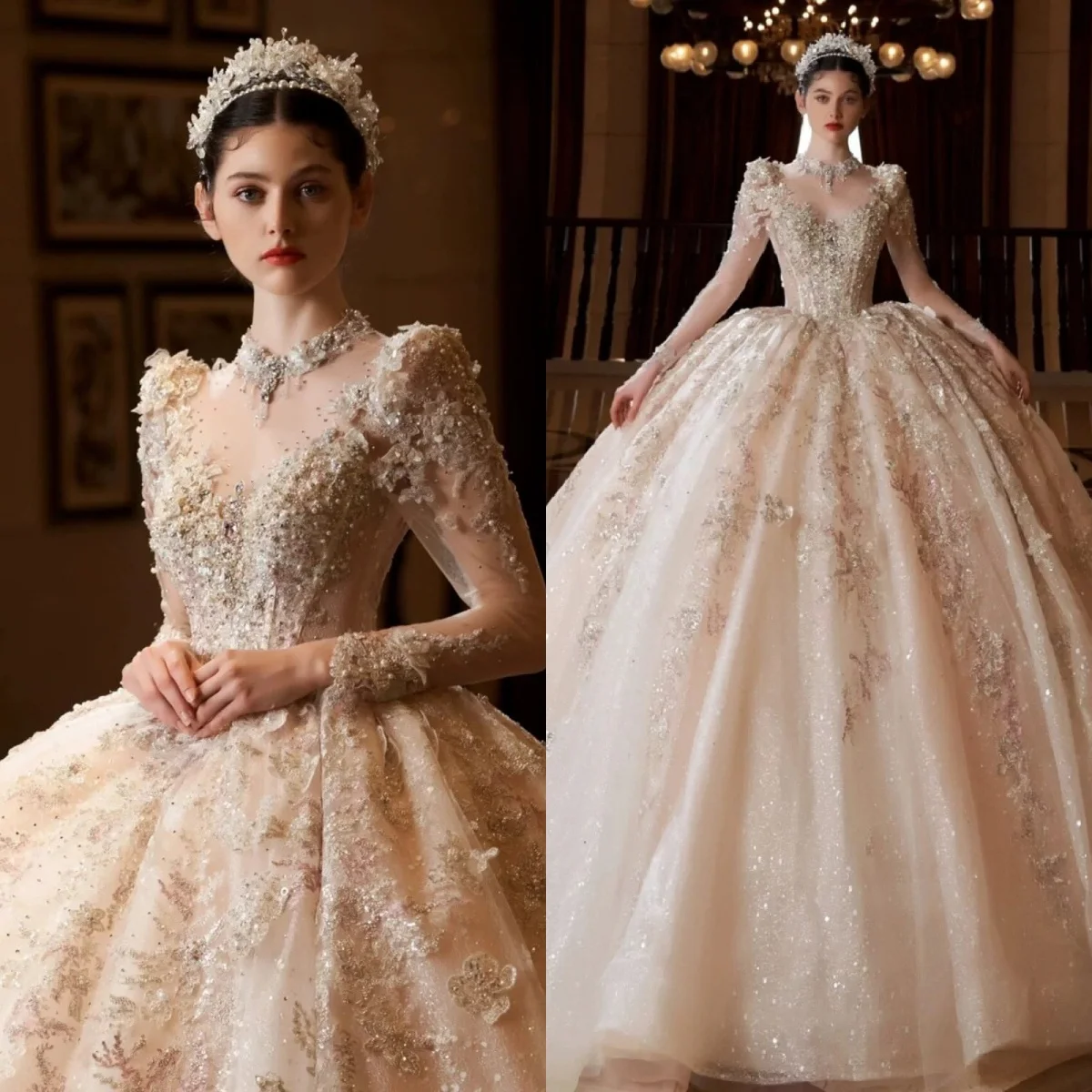 Customized Champagne High Quality Lace Up Back Wedding Dress Tulle Appliques Crystal Embroider Bridal Party Long Sleeves V-neck
