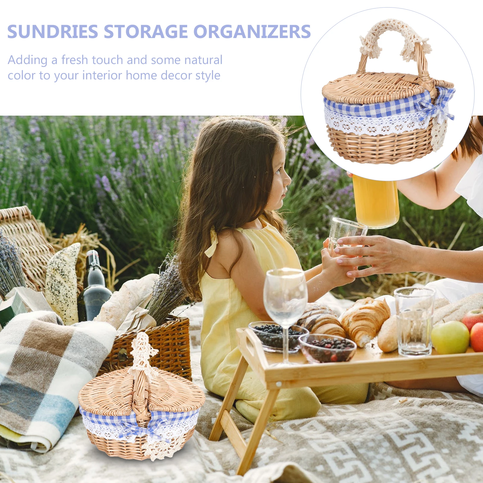 

Natural Rattan Picnic Basket Woven Storage Organizer Outdoor Storage Box with Lid Rural Desktop Sundries Organizer Home Decor