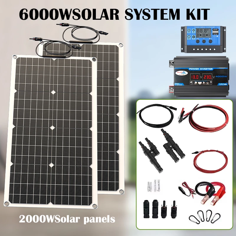 1000W Flexible Solar + 4000W Inverter Kit: 12V to 110V/220V Hybrid System for Home/RV