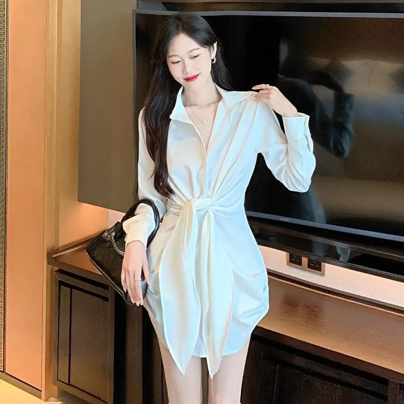 Dresses for Shirt Women White Bandage Woman Long Sleeve Tshirts Dress Elegant Party A Line Chic Curvy Korean Style Aesthetic Y2k