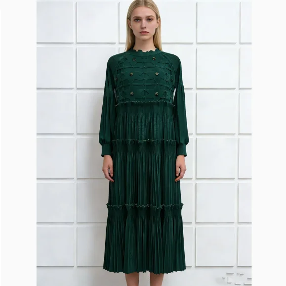 Miyake plissado em camadas vestido nicho design jacquard tecer doce solto vintage moda elegante 2026 primavera verão novo tamanho livre