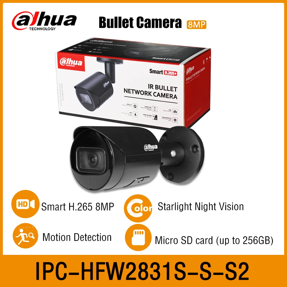 Dahua IPC-HFW2831S-S-S2 4K 8MP Mini Bullet Outdoor PoE Camera Smart Detection Home Security Protection Starlight HD CCTV SD Card