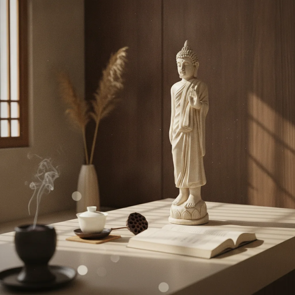 Lotus Base Buddha Statue Antique Style Standing Buddha Figurine Decor Item Textured Hair Curls Detailed Carvings for Display