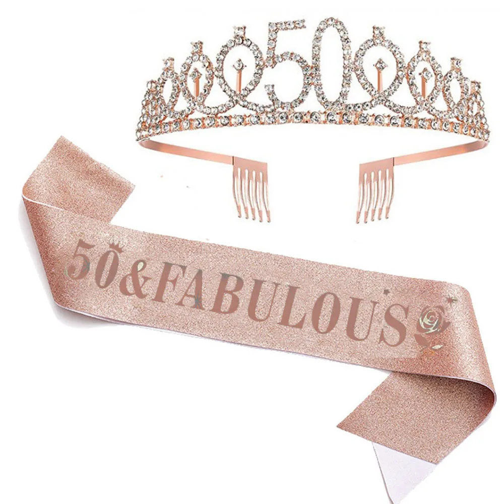 

Number 40 50 60 Birthday Crown Rose Etiquette Belt Set Water Drill Belt Queen Party Headwear