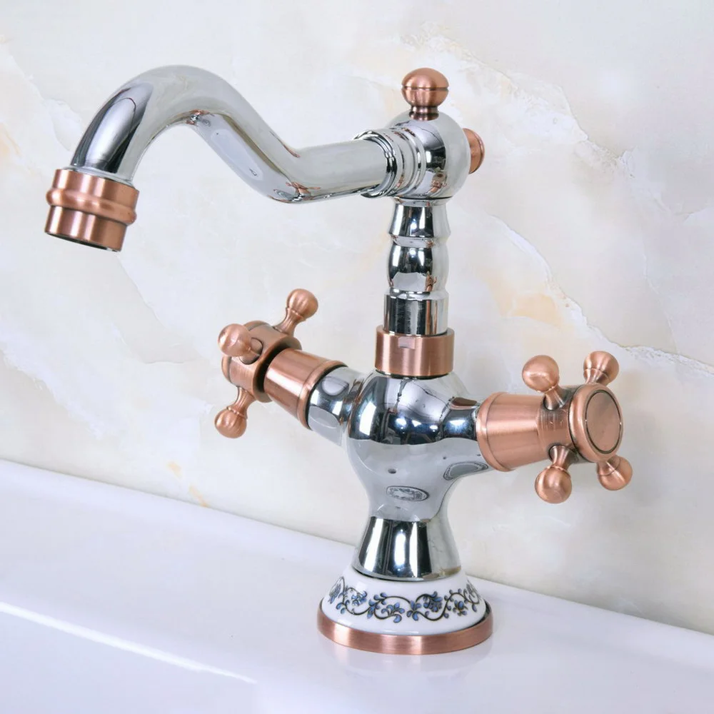 

Basin Faucets Chrome Red Copper Double Cross Handles Bathroom Sink Faucet Swivel Spout Vanity Mixer Taps tnf901