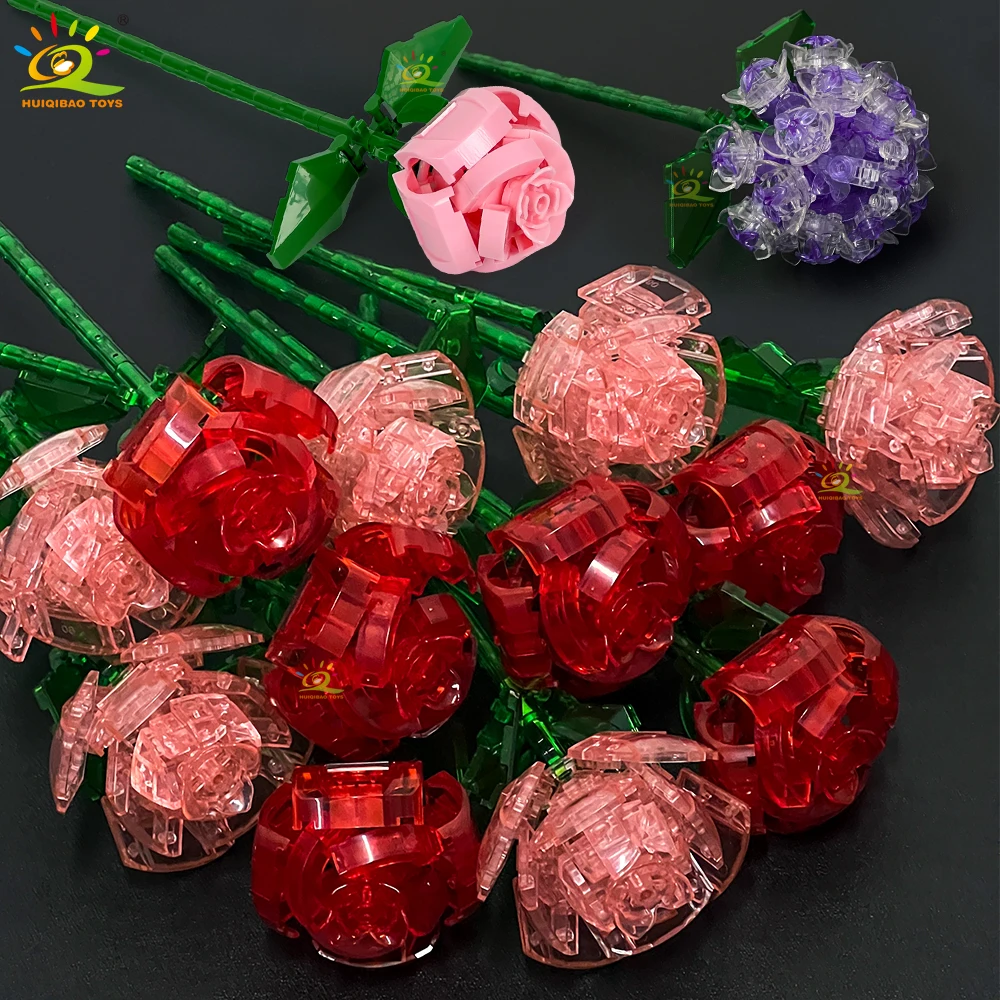 HUIQIBAO MOC Rose Hortensien Blume Modell Bausteine DIY Ewige Bouquet Ziegel Kits Spielzeug Für Kinder Mädchen Hause Dekoration