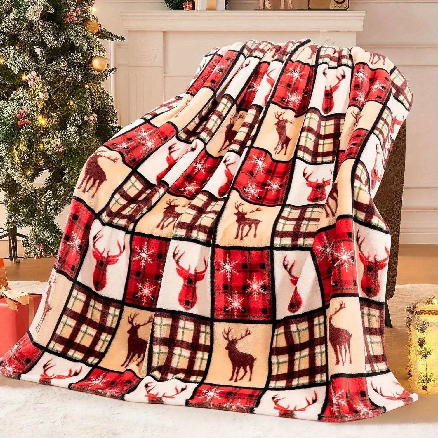 1 Stück Rentier-Karo-Weihnachtsdecke aus Flanellstoff mit festlichem Hirsch-Schneeflocken- und Karomuster für das entspannende Wohnzimmer
