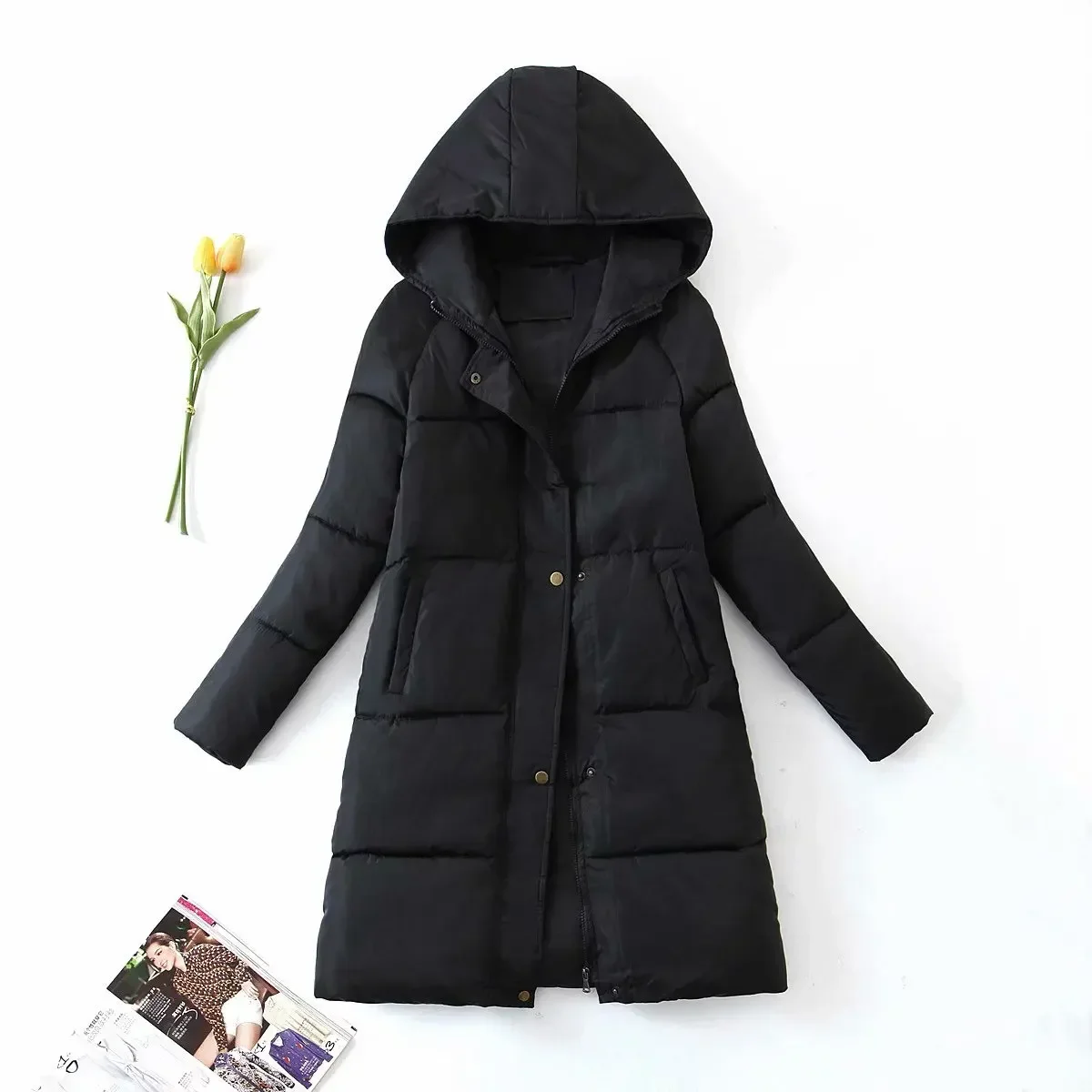 2023 Autumn and Winter New Hooded Thick Bread Coat Cotton-padded Women's Fashion Long Warm Over The Knee Coat