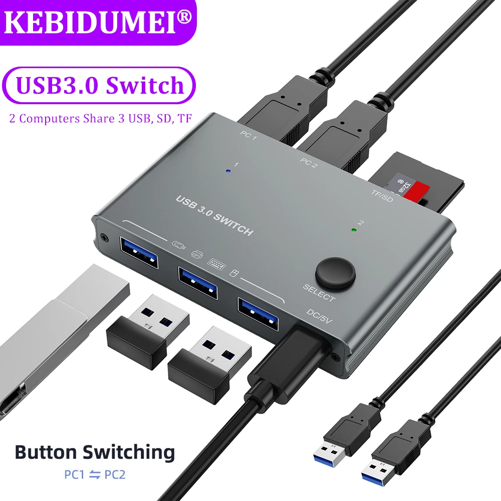 Adaptador de comutador KVM USB 3.0, 2 entradas, 3 saídas, computador compartilhado, 3 USB, SD, portas TF, teclado de computador, mouse