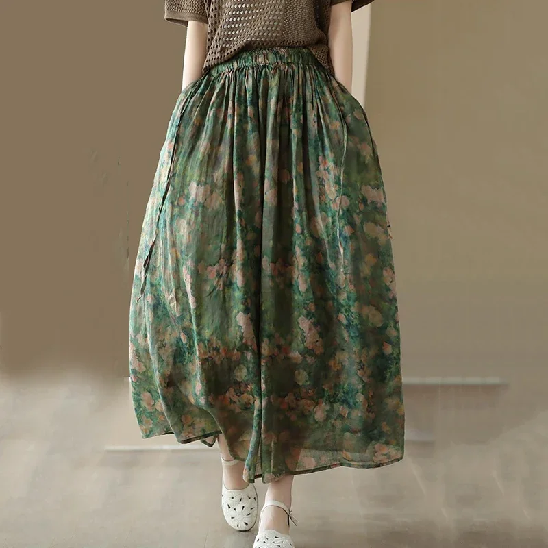 Vintage Printed Long Skirt Cotton Linen Floral Elasticated Waist Tie Skirts Summer Flowing Literary Artistic Forest Women' Skirt