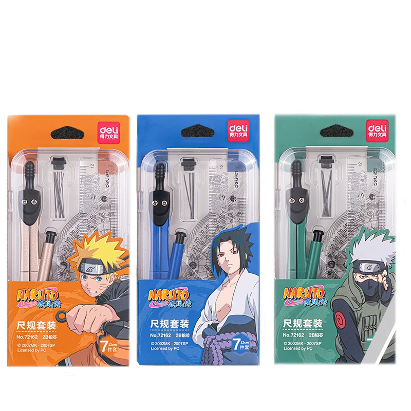 7Pcs/Set Deli 72162 3 Colors Naruto Ruler Suit Compass Rubber Protractor Supplies School Office Stationery Set