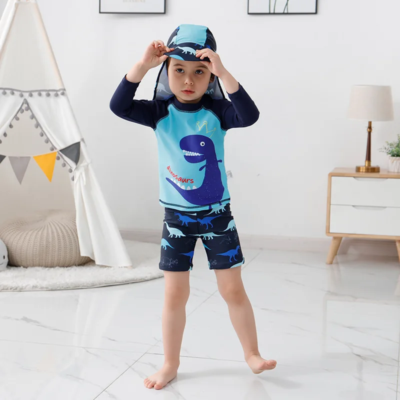 Costume da bagno per bambini Neonati maschi Diviso Cartoon Dinosaur Protezione solare Costume da bagno a maniche lunghe Set Costumi da bagno per ragazzi per bambini adolescenti con cappuccio