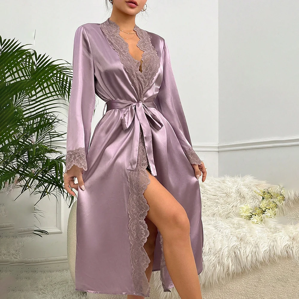 Solid Satin Sexy Night Robe Elegant Lace Border Nightgown Bathrobe Long Sleeve V Neck House Robe With Belt Women\'s Sleepwear New