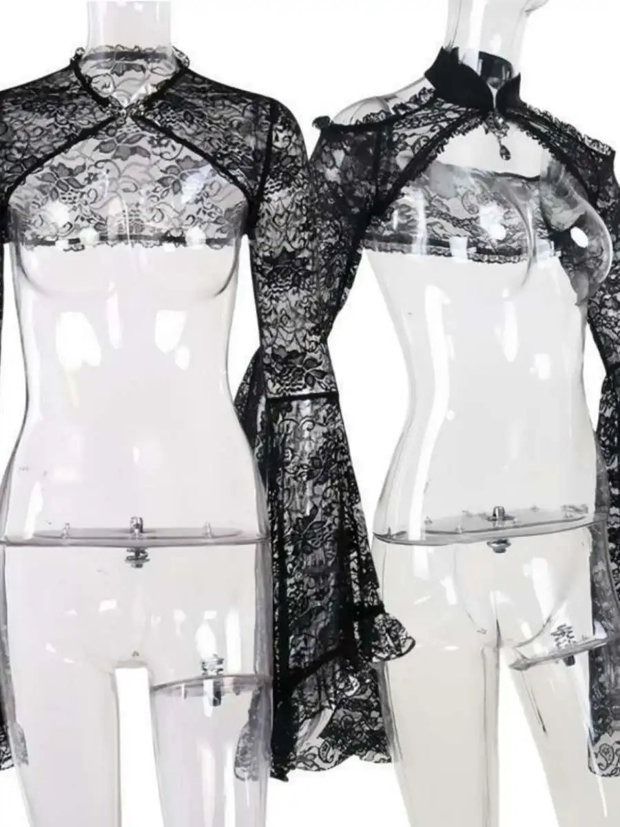 Sexy Lace Hollow out Button up Sleeveless Silk Cover up for Women Spring Season Polyester Material Traditional Chinese Style