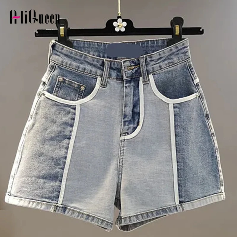 

2023 Summer Street Style Women Stitching Color Edging Denim High Waist Short Pants Female Vintage Sexy Jean Mini Wide Leg Shorts