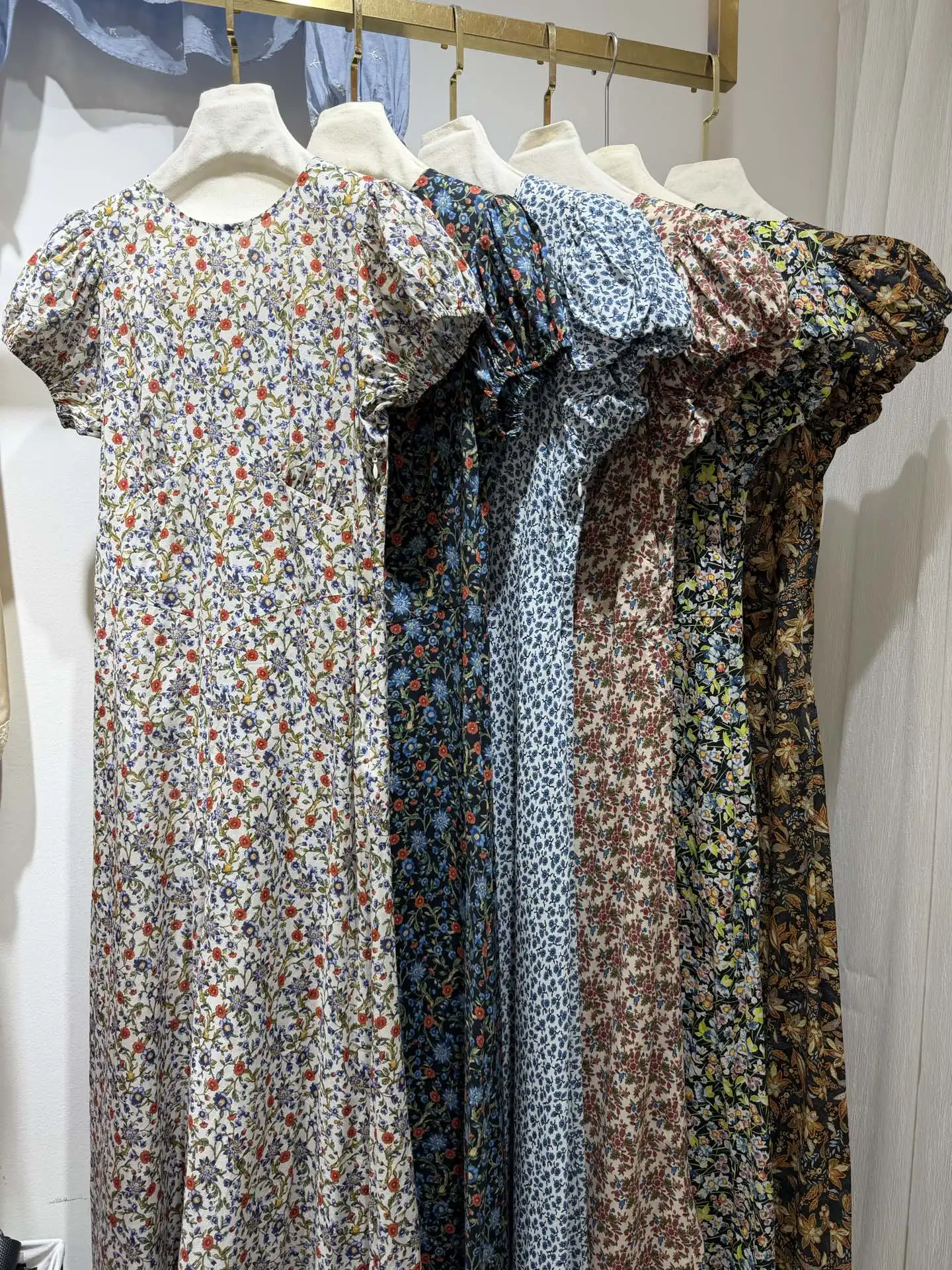 

6-Color Women Retro Maxi Dress Flower Print Round Neck Puff Sleeve High Waist Vintage Casual 100% Cotton Robe