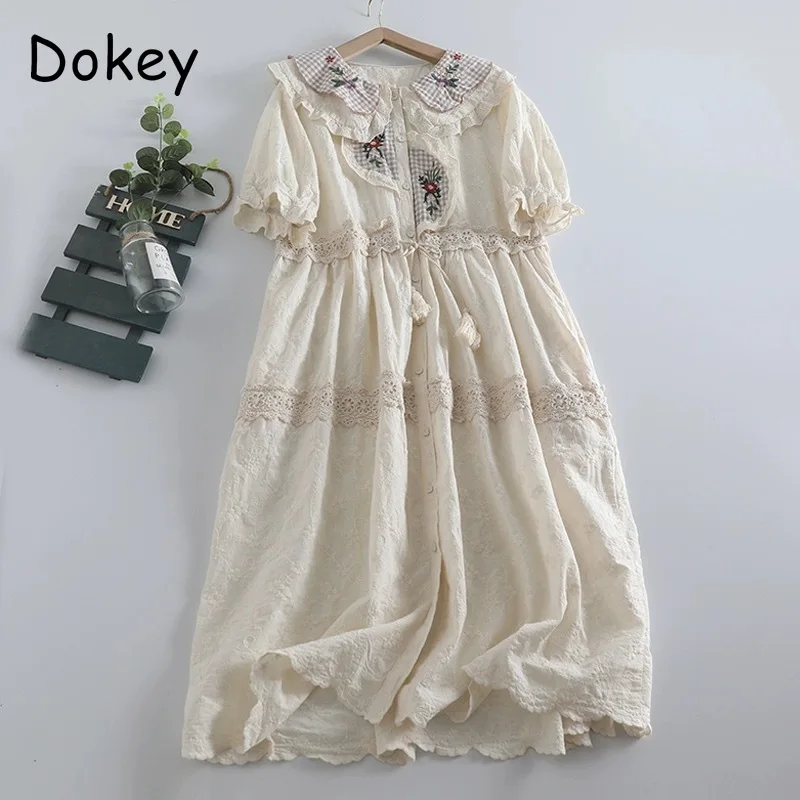 Vintage Embroidery Cotton Linen Lolita Dress Women Japan Mori Girl Peter Pan Collar Lace-up Kawaii Dresses Casual Vestido Mujer