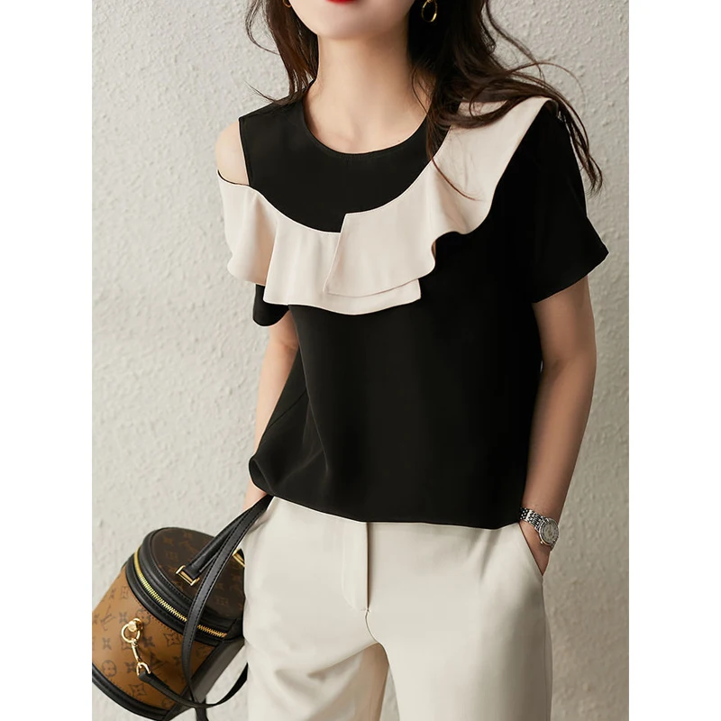 Off Shoulder Ruffles Patchwork Vintage Blouse Short Sleeve Contrast Loose Casual Shirt Tops Summer Fashion Trend Women Clothing