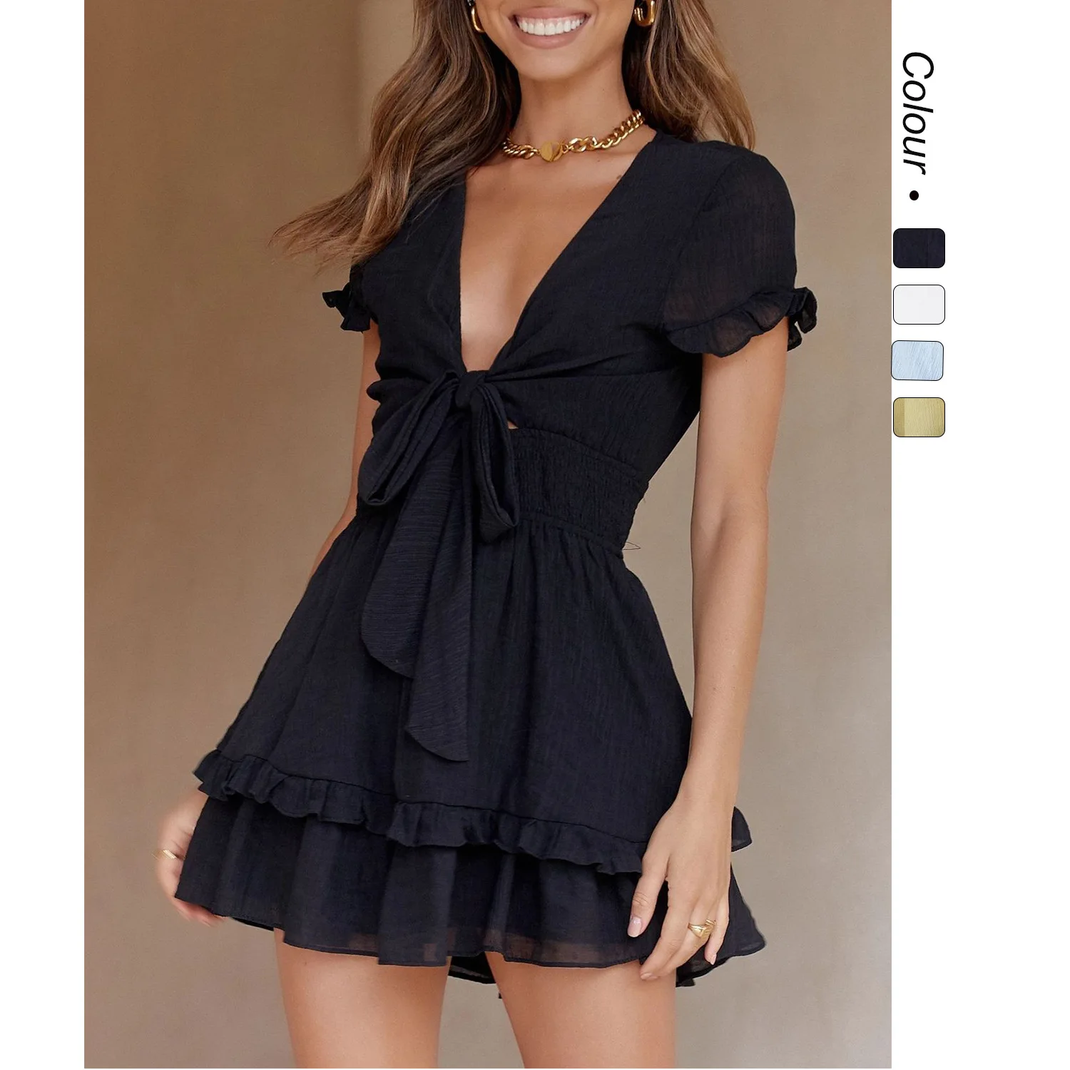 Sweet Bow-Knot V-Ne Chiffon Dr with Lace Trim High Waist Thi Basic Sle Summer New Arrival from China for Women